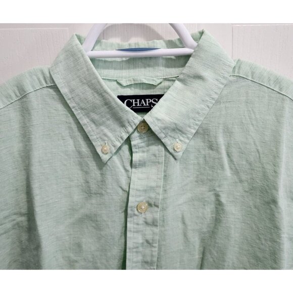 CHAPS Linen Cotton Blend Green Short Sleeve Button Down Shirt Size Large - Picture 2 of 10